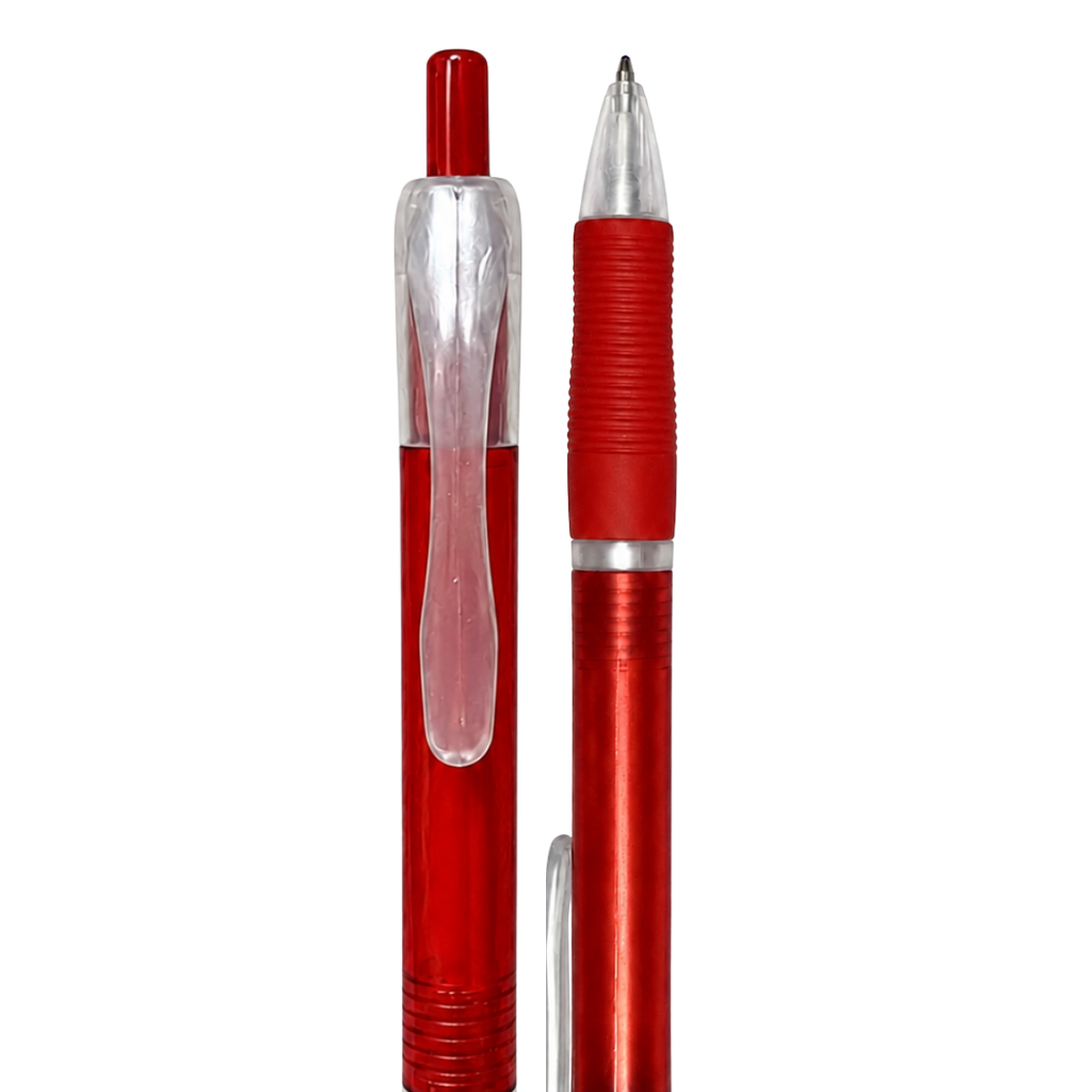 lapiceros, plástico, rojo, 14.5 centimetros, translúcido con goma antideslizante