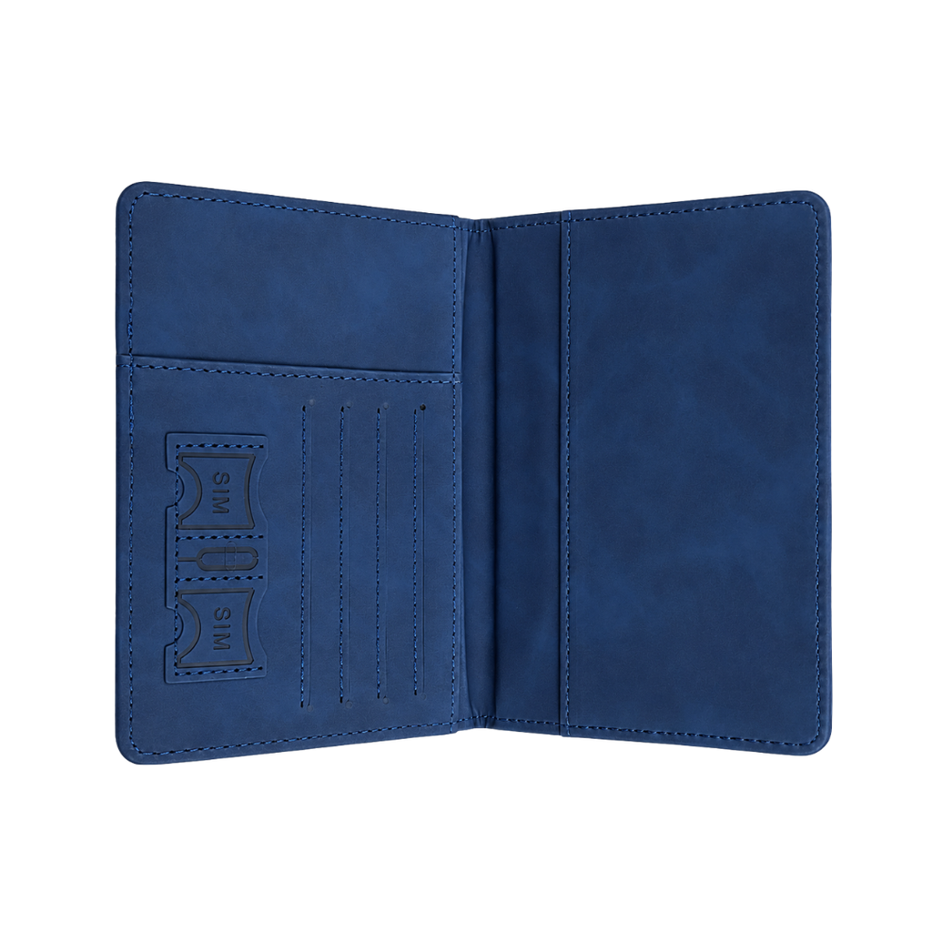 PORTA PASAPORTE, IMITACION CUERO, AZUL OSCURO, 15*11 cm, con identificador de maletas 11*7 cm en caja negra de regalo