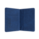 PORTA PASAPORTE, IMITACION CUERO, AZUL OSCURO, 15*11 cm, con identificador de maletas 11*7 cm en caja negra de regalo