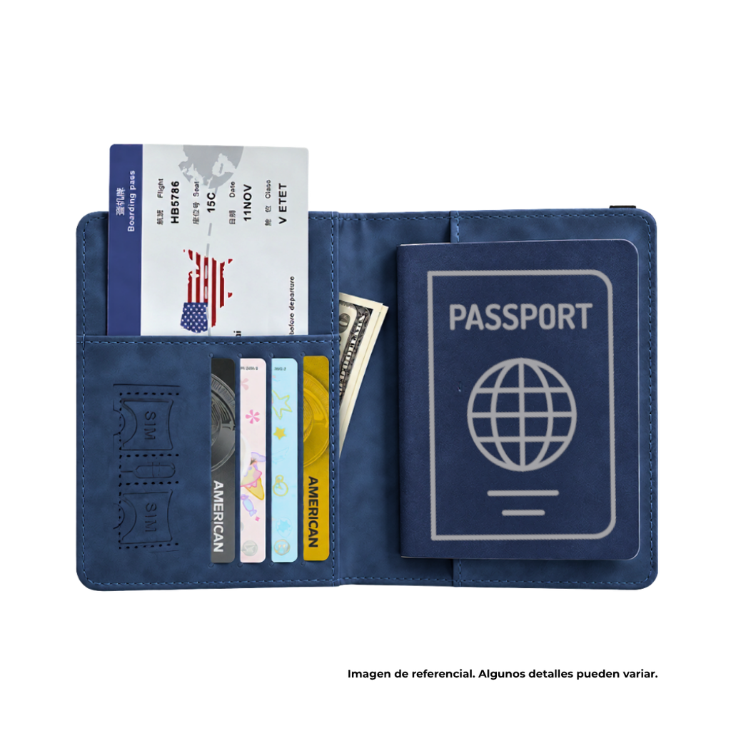 PORTA PASAPORTE, IMITACION CUERO, AZUL OSCURO, 15*11 cm, con identificador de maletas 11*7 cm en caja negra de regalo