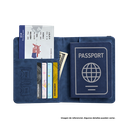 PORTA PASAPORTE, IMITACION CUERO, AZUL OSCURO, 15*11 cm, con identificador de maletas 11*7 cm en caja negra de regalo