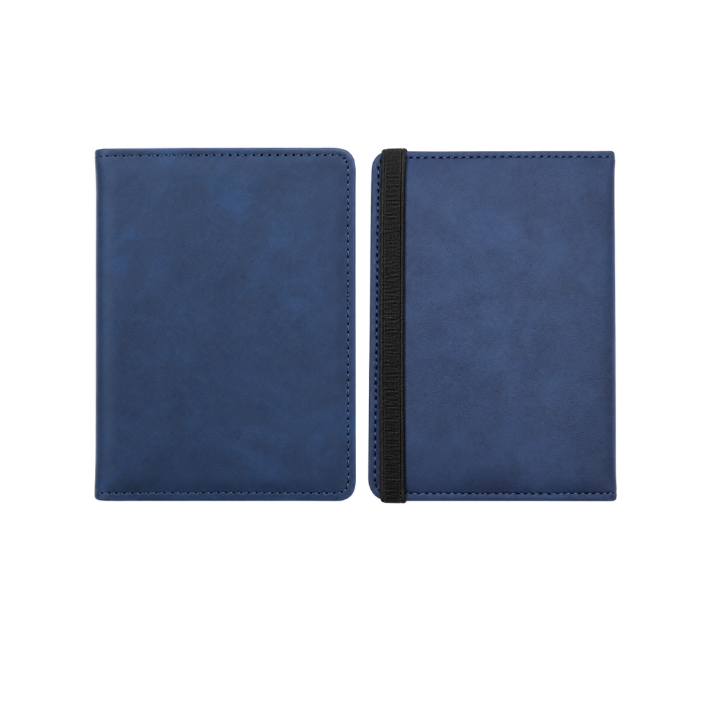 PORTA PASAPORTE, IMITACION CUERO, AZUL OSCURO, 15*11 cm, con identificador de maletas 11*7 cm en caja negra de regalo