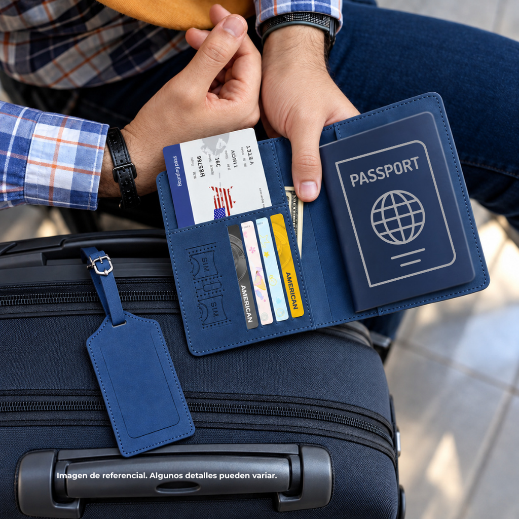 PORTA PASAPORTE, IMITACION CUERO, AZUL OSCURO, 15*11 cm, con identificador de maletas 11*7 cm en caja negra de regalo