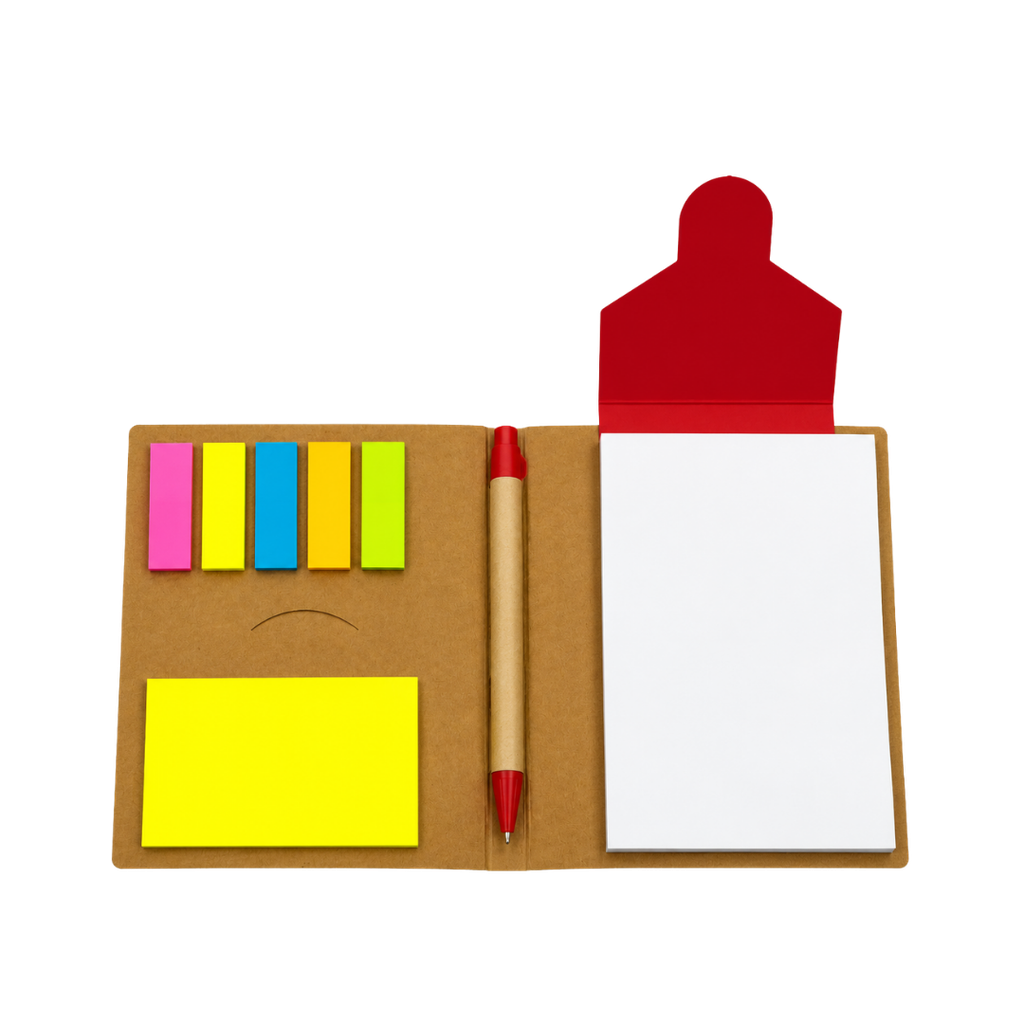 libretas, ecologica de carton, rojo, 11*15 centimetros, con lapicero y notas adhesivas