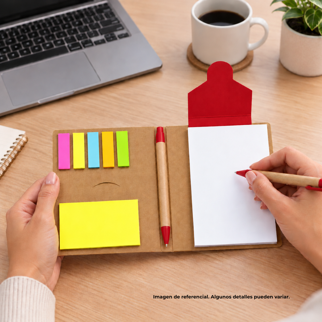 libretas, ecologica de carton, rojo, 11*15 centimetros, con lapicero y notas adhesivas