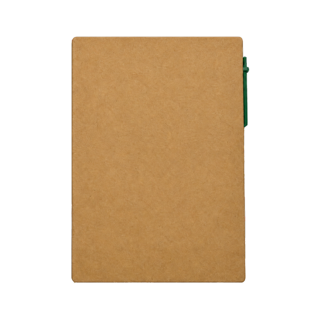 libretas, ecologica de carton, verde, 11*15 centimetros, con lapicero y notas adhesivas