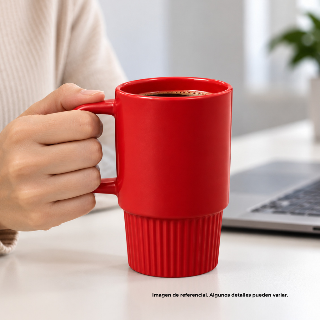 TAZA, CERÁMICA, ROJO, 16 oz, para carro  , sin tapa, sin recubrimiento, acabado mate.