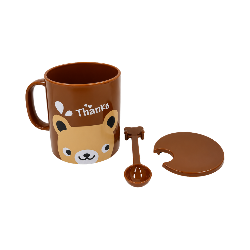 taza, plástico, café, 10.3*8.5*11.7 con , tapa y cuchara diseño oso