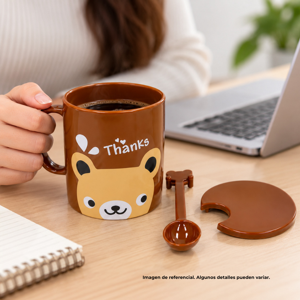 taza, plástico, café, 10.3*8.5*11.7 con , tapa y cuchara diseño oso