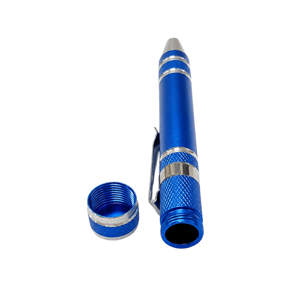 DESARMADOR, ACERO INOXIDABLE, AZUL OSCURO, Pencil de clip con 8 puntas de intercambiables