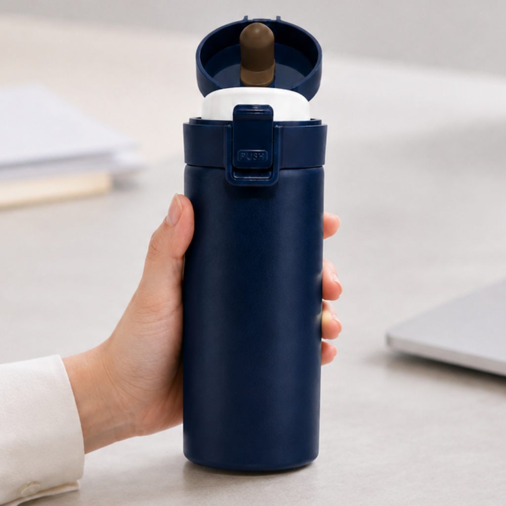 VASO, ACERO INOXIDABLE, AZUL MARINO, 480 ml, Mumbai 6.8*19.5 cm térmico doble pared con tapa automática y base antideslizante