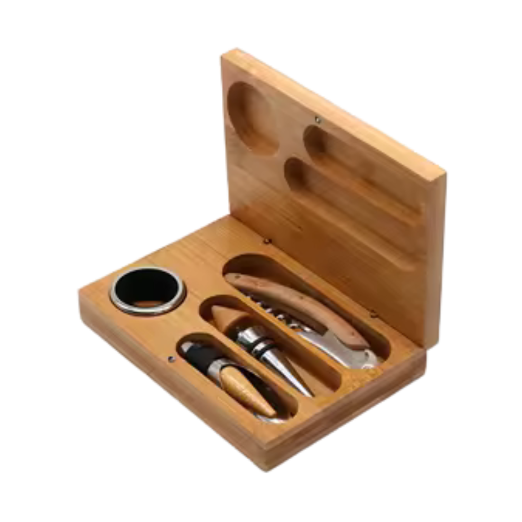 Set De Vino Bambú Natural 15.6*11.1*3.3 Tapon Dosificador Argolla Sacacorchos