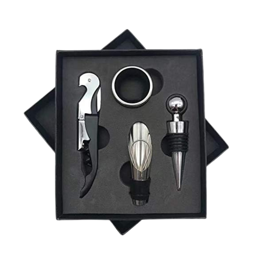 Set De Vino Acero Inoxidable Negro Tapon Dosificador Argolla Y Sacacorcho