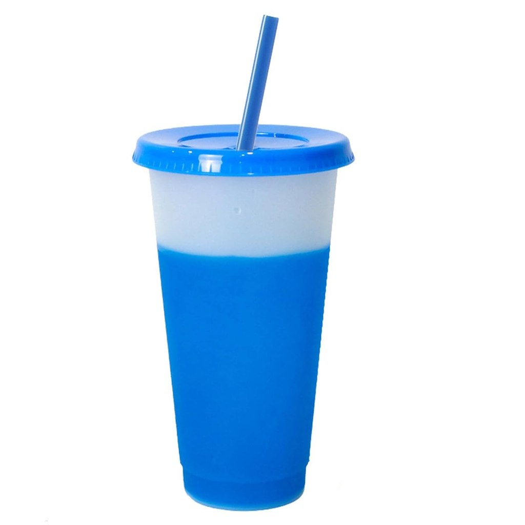 Vaso plástico azul 600 ml cambia de color con tapa y pajilla