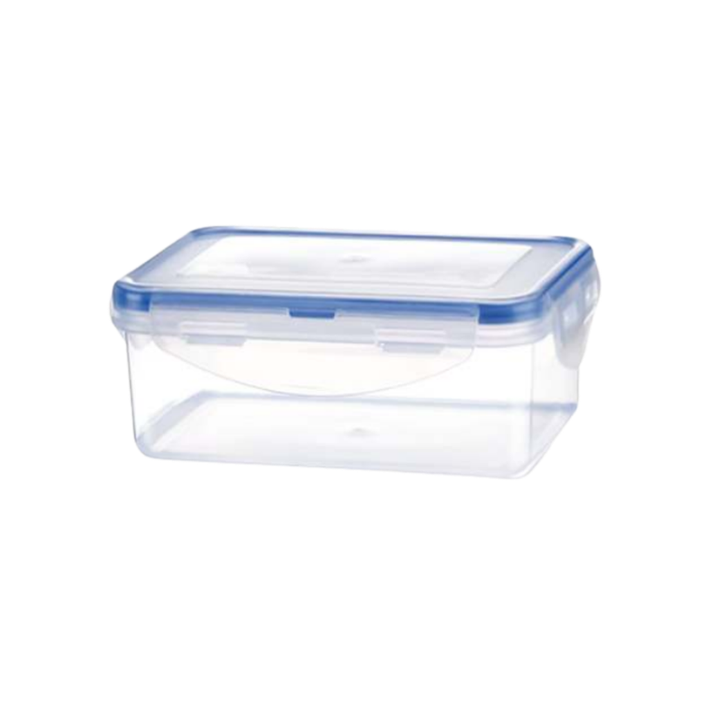 Hermetico, Plástico, Transparente, 19.5*13*6.5 Cm , Rectangular 1000 Ml Con Sello Azul
