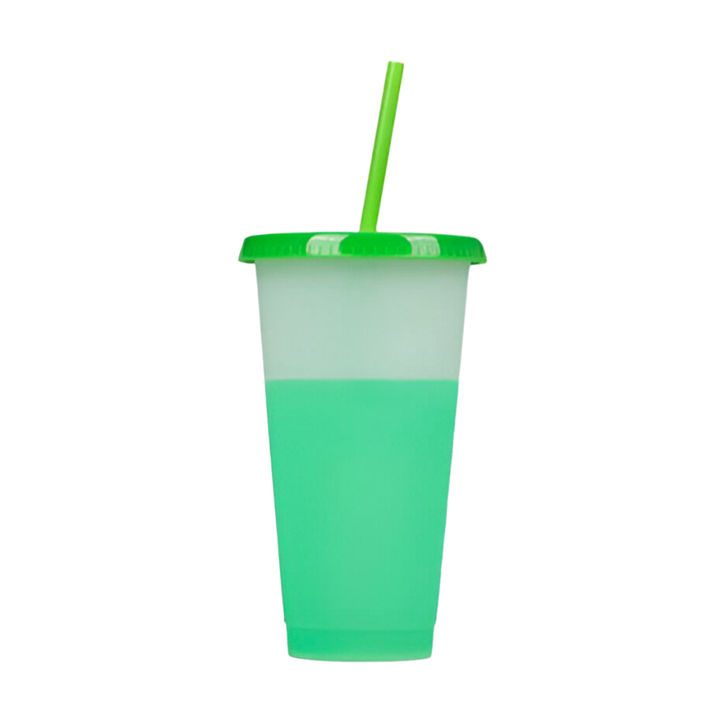 Vaso Plástico Verde 600 ml Cambia De Color Con Tapa Y Pajilla