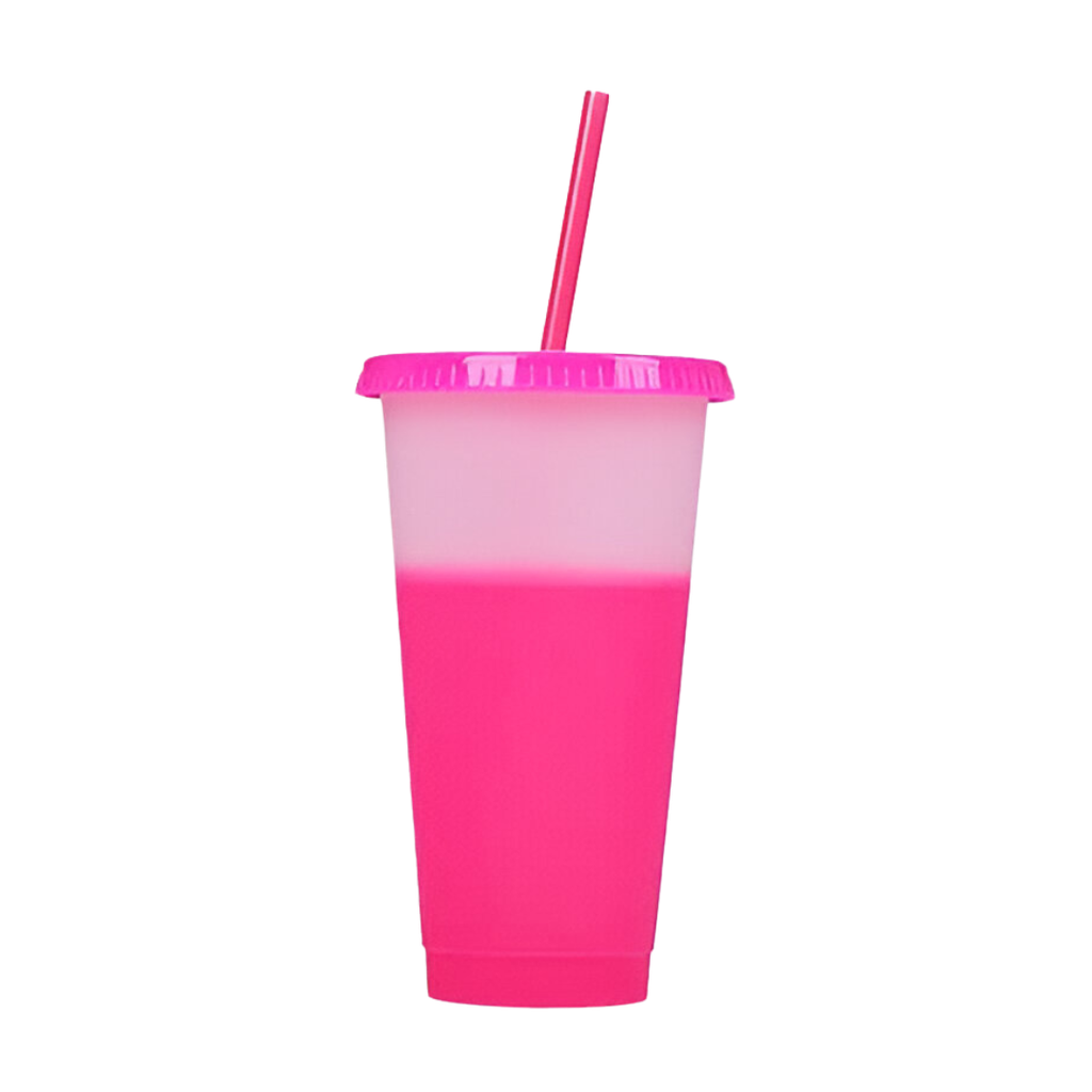 Vaso Plástico Fuscia 600 ml Cambia De Color Con Tapa Y Pajilla