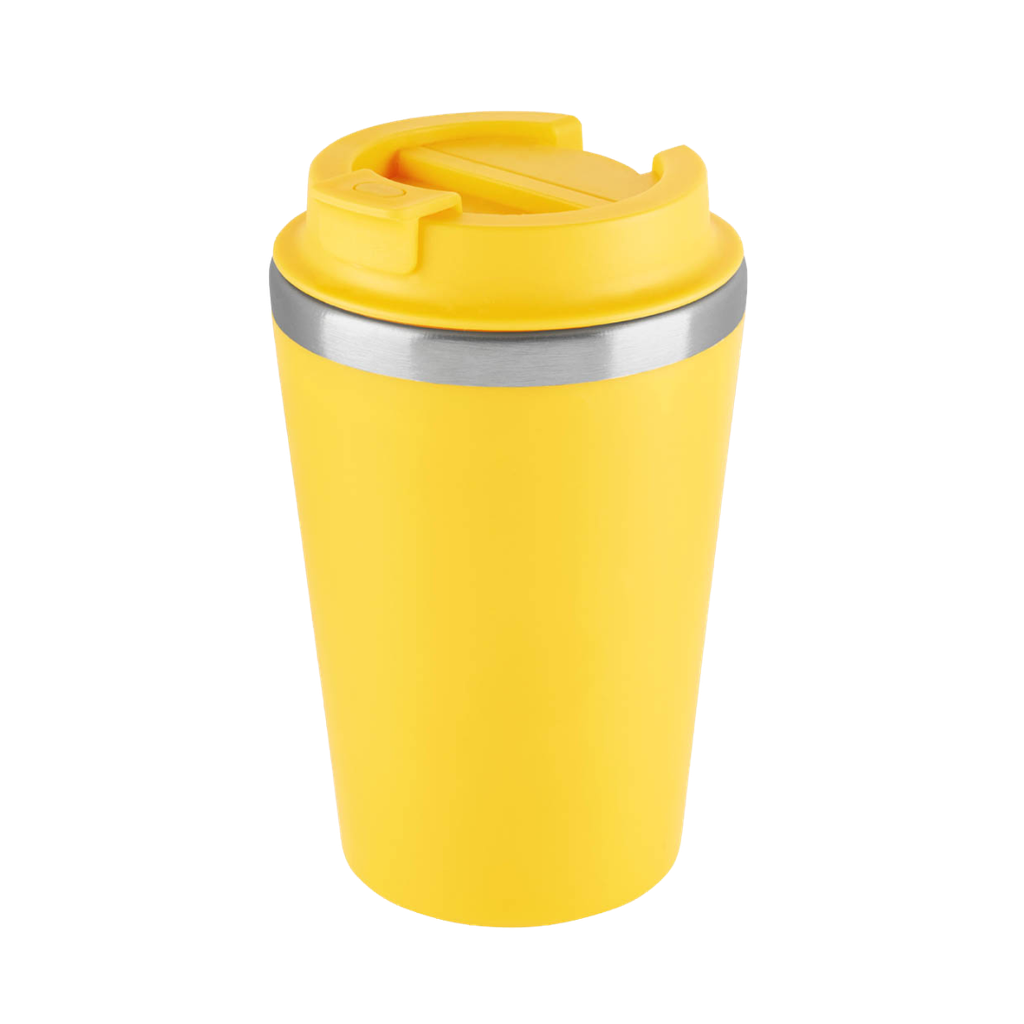 VASO, ACERO INOXIDABLE, AMARILLO, 350 ml, MIAMI DOBLE PARED EXTERIOR PLÁSTICO CON TAPADERA