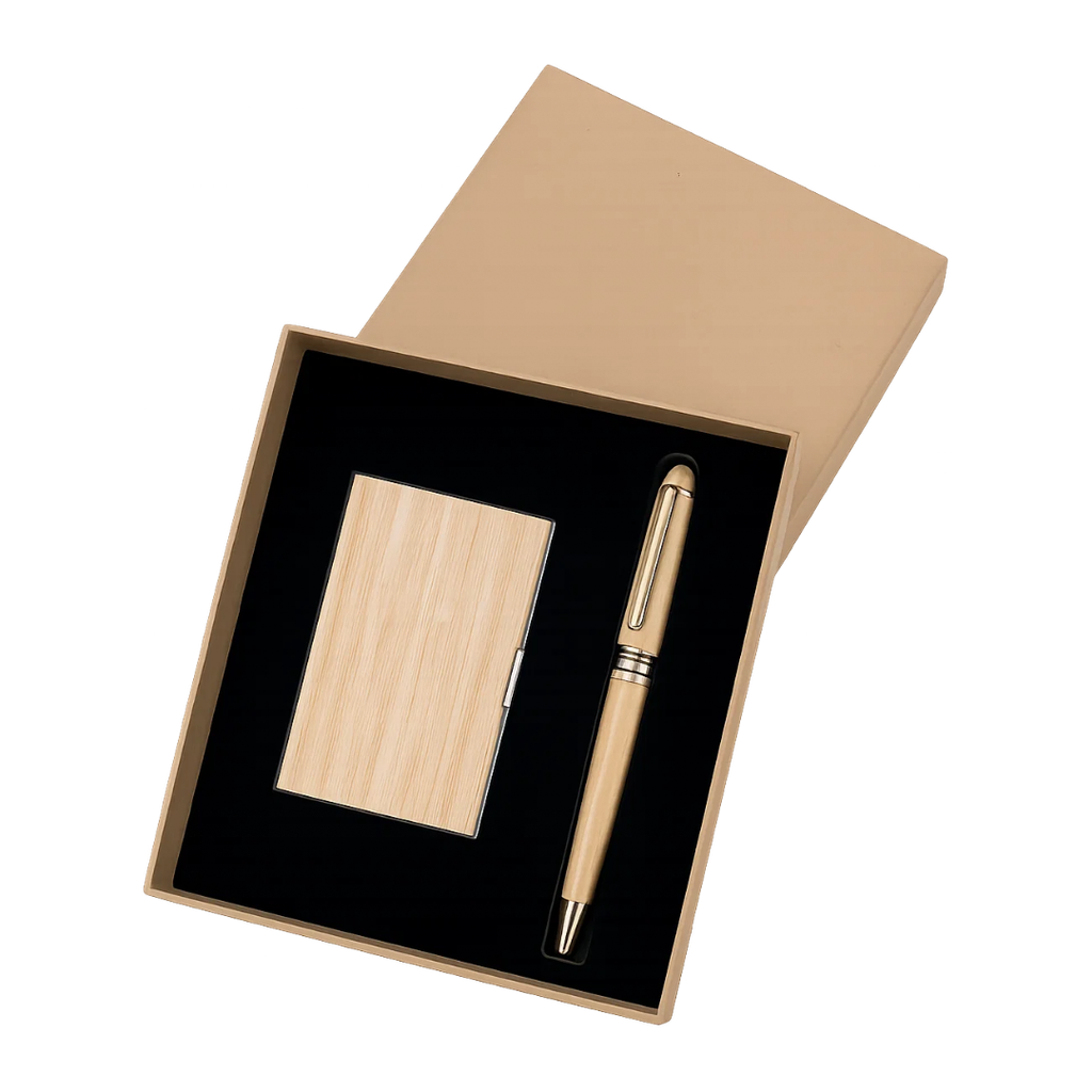 Set de escritorio bambú natural 17*14*3cm 2 pcs, lapicero y tarjetero