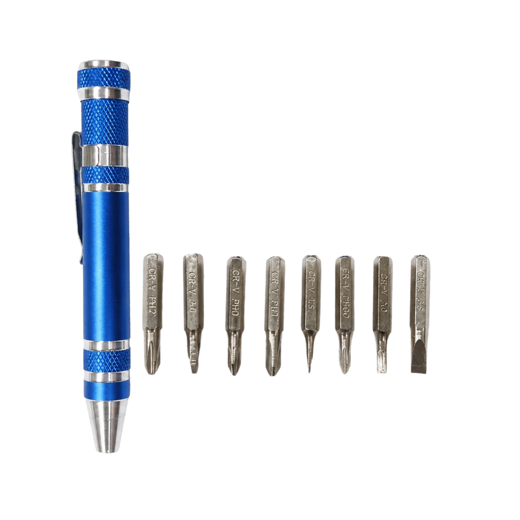 DESARMADOR, ACERO INOXIDABLE, AZUL OSCURO, Pencil de clip con 8 puntas de intercambiables