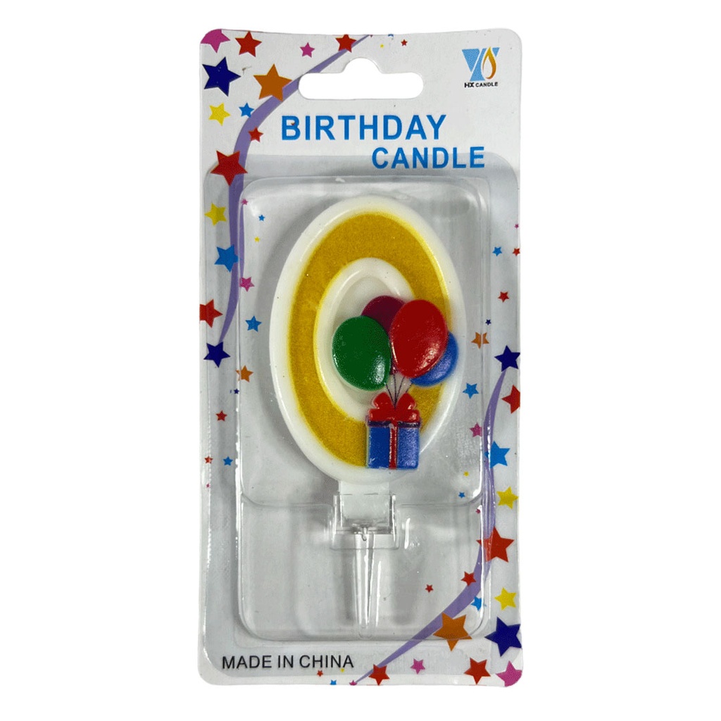 vela, , amarillo, 8*14.5 centimetros, numero 0 con globos