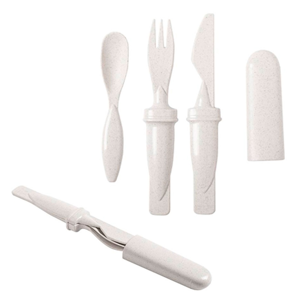 set de cubiertos, fibra de trigo, blanco, 3 pcs , para viaje con tapa