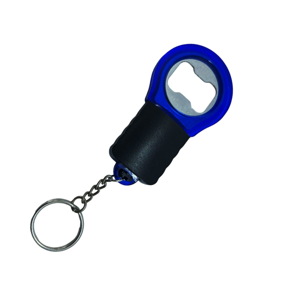 llaveros, plástico, azul, 8.4*4.5*1.2cm centimetros, con destapador y luz