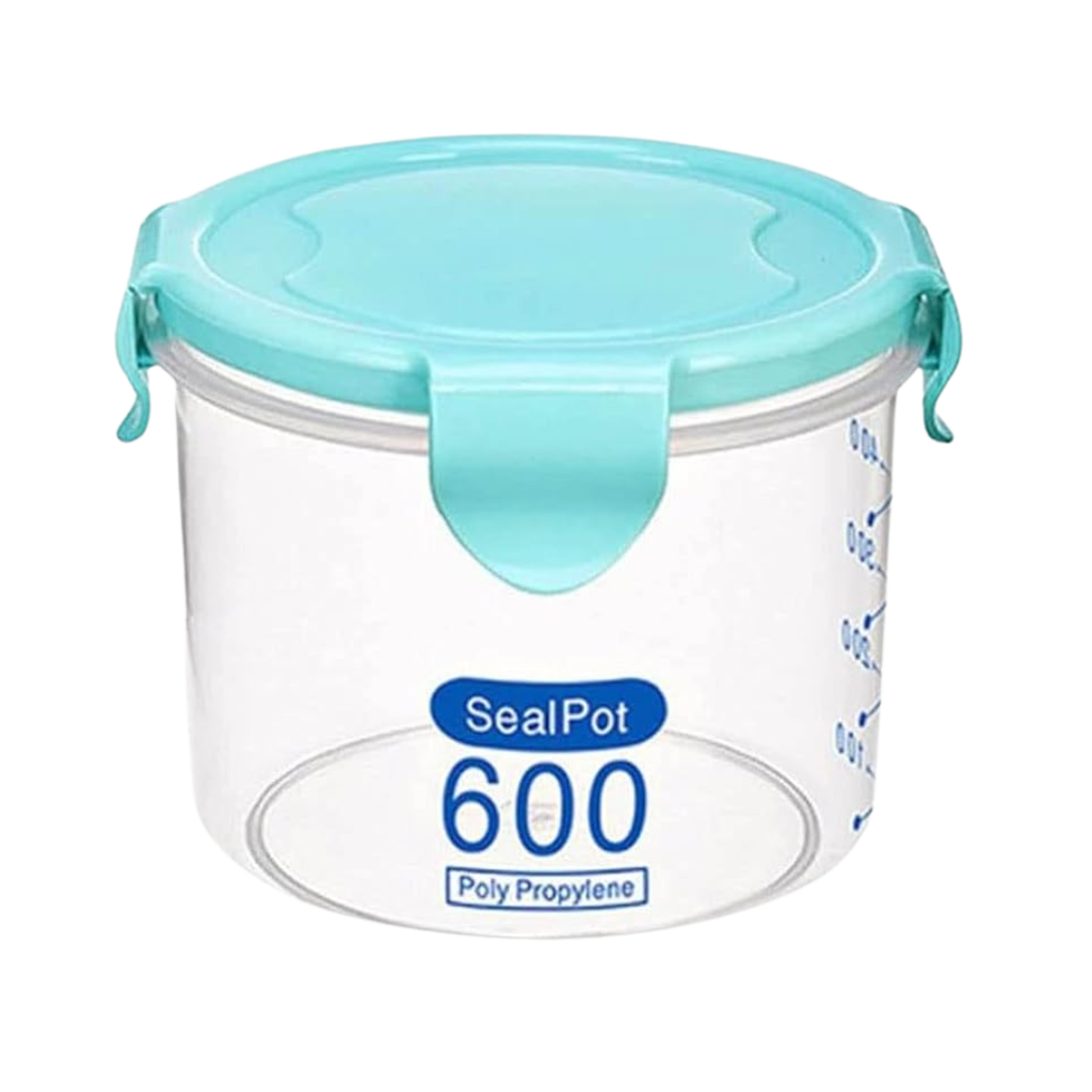 recipiente cilindrico, plástico, azul, 9.5*8.5 cm 600 ml mililitro, con tapadera,