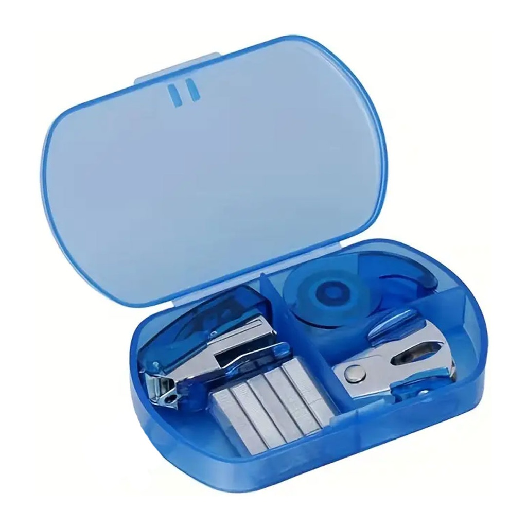 set de oficina, plástico, azul, en caja  con 2 , engrapadoras, grapas, tape  92*57*20 mm