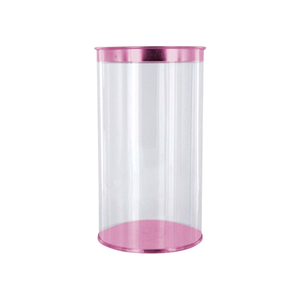 estuche cilindrico, pvc, fucsia, 83*120 centimetros, con tapadera y base de color