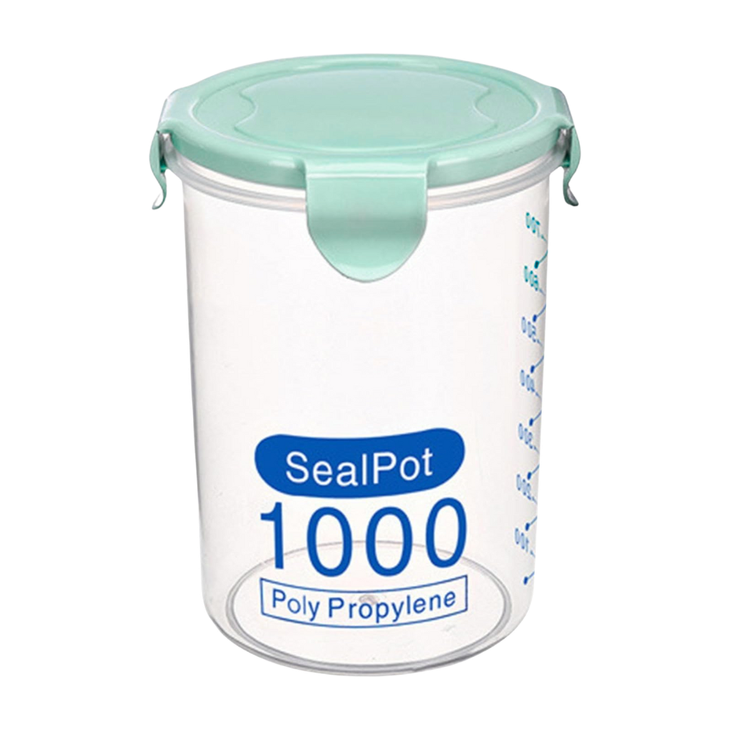 recipiente cilindrico, plástico, verde, 9.5*14.5 cm 1000 mililitro, con tapadera,
