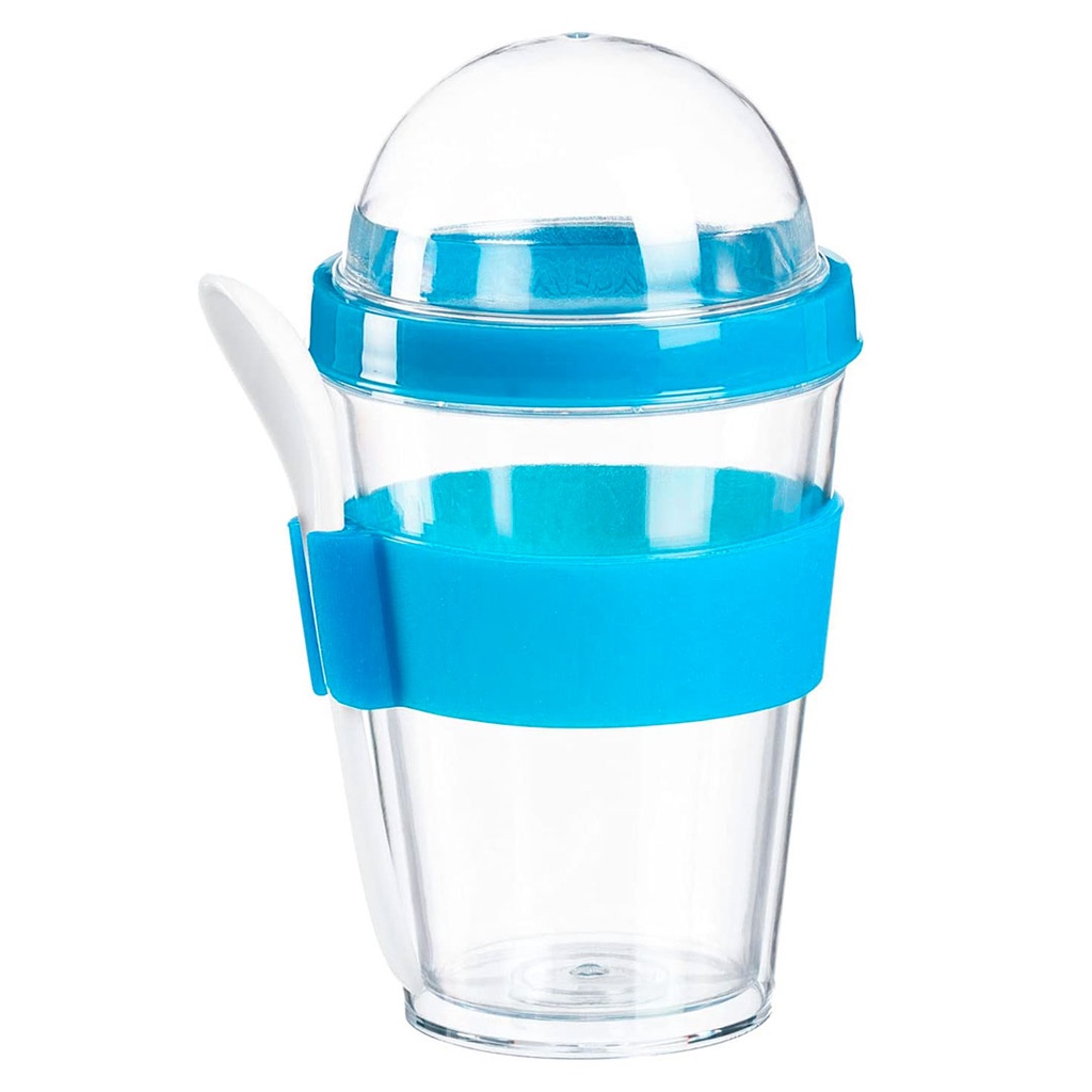 cerealero, plástico, celeste, 10*15 centimetros, con manga de silicon y cucharita,