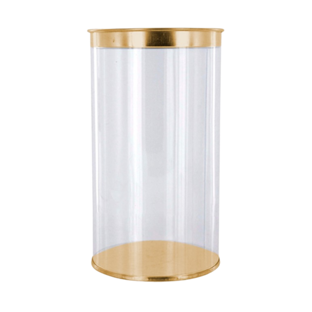 estuche cilindrico, pvc, dorado, 100*140 centimetros, con tapadera y base de color