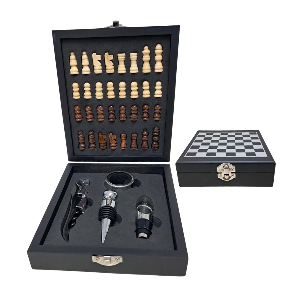 [H552043] Set De Vino Acero Inoxidable Negro 16*17*4.6 Cm 4 pcs en caja de juego de ajedrez