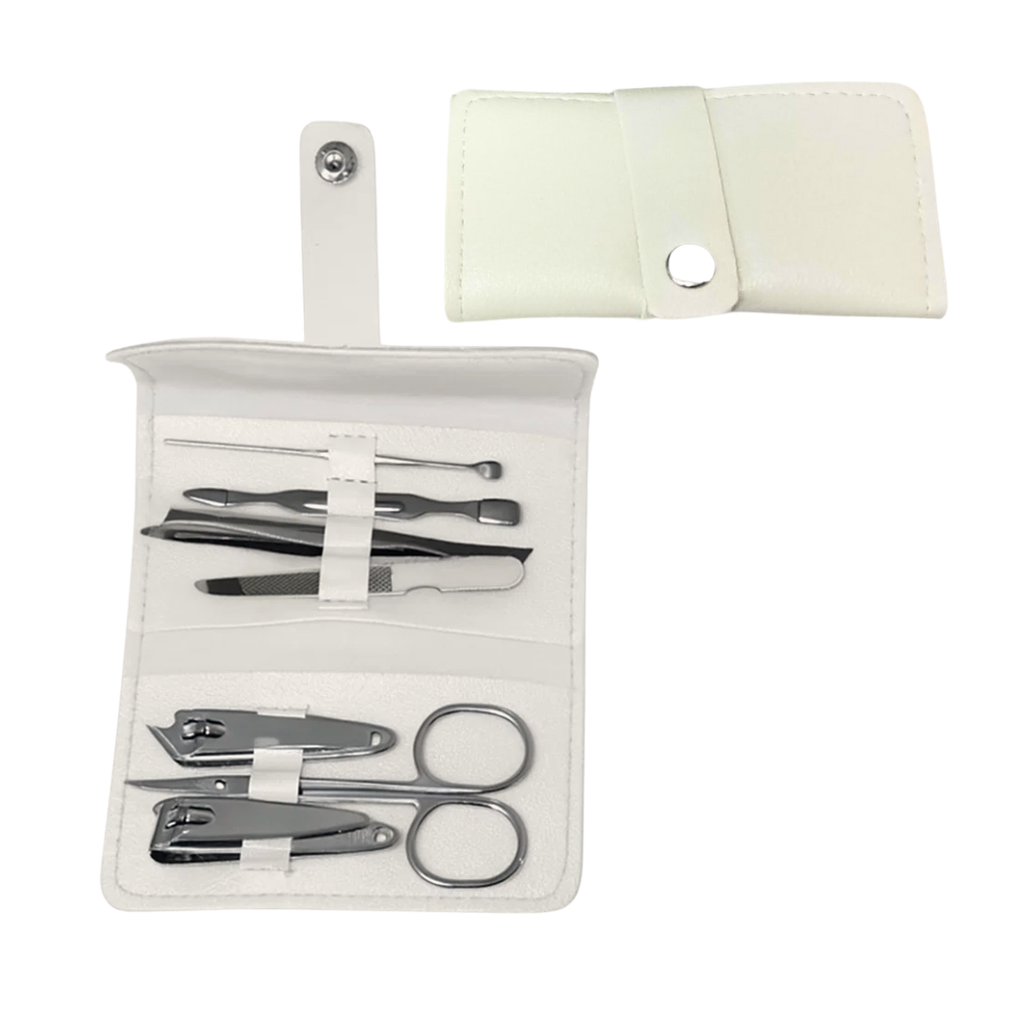 [B664018] Set De Manicura, Acero Inoxidable, Blanco, 7 Pcs En Estuche , Imitacion Cuero
