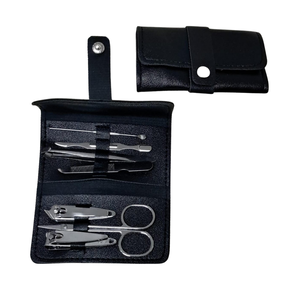 [B664019] Set De Manicura, Acero Inoxidable, Negro, 7 Pcs En Estuche , Imitacion Cuero