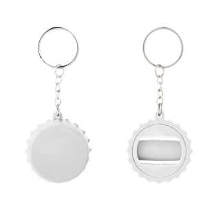 Llavero, Plástico, Blanco, 5 Centimetros, Forma De Tapita Con Destapador