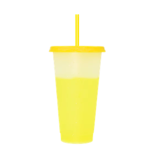 Vaso Plástico Amarillo 600 ml Cambia De Color Con Tapa Y Pajilla