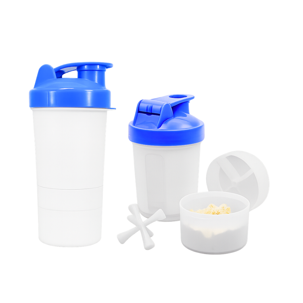 [P251503] Shaker Plástico Azul 500 Ml Cuerpo Blanco Translúcido Con Compartimiento
