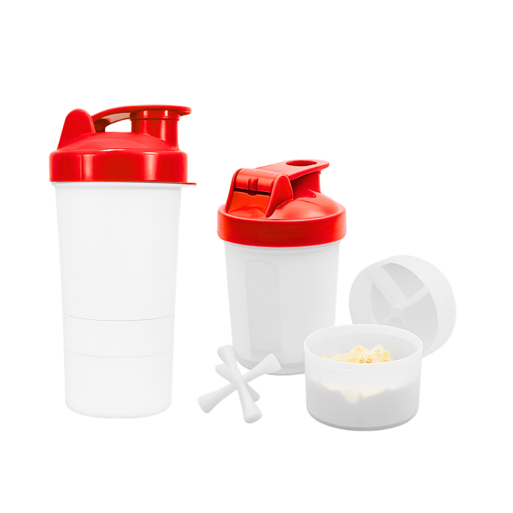 [P251504] Shaker Plástico Rojo 500 Ml Cuerpo Blanco Translúcido Con Compartimiento