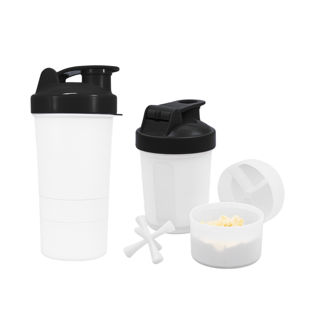 [P251505] Shaker Plástico Negro 500 Ml Cuerpo Blanco Translúcido Con Compartimiento
