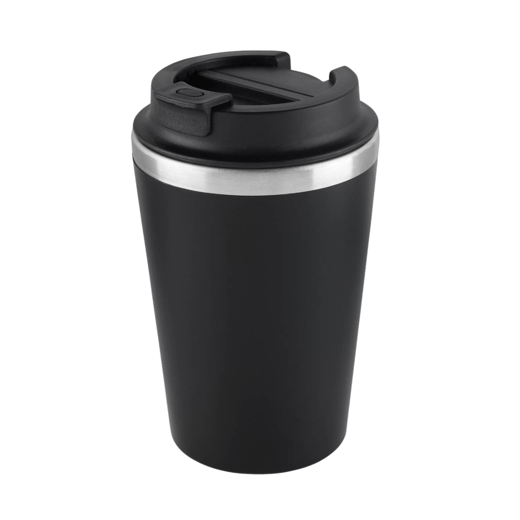 [P252011] VASO, ACERO INOXIDABLE, NEGRO, 350 ml, MIAMI DOBLE PARED EXTERIOR PLÁSTICO CON TAPADERA