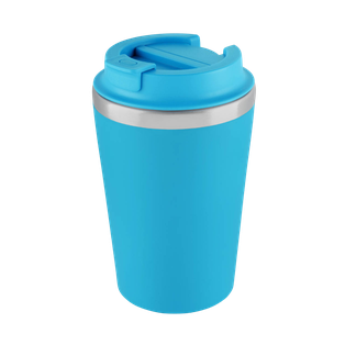 VASO, ACERO INOXIDABLE, CELESTE, 350 ml, MIAMI DOBLE PARED EXTERIOR PLÁSTICO CON TAPADERA