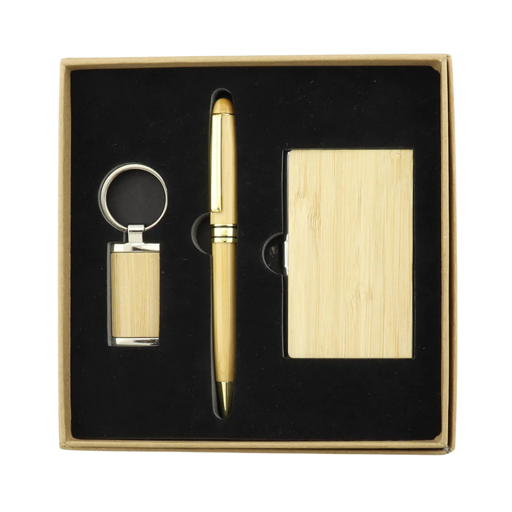 [P299056] Set de escritorio bambú natural  17*17*3cm  3 pcs, lapicero, tarjetero y llavero