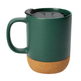 tazas, cerámica, verde oscuro, 8.5*9*10 centimetros, con tapa plastica y base de corcho 12 oz