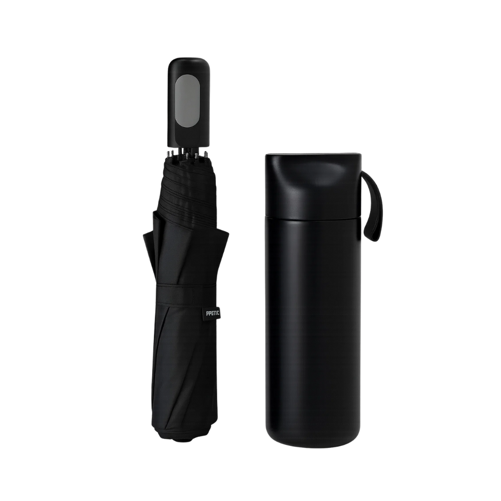 [P299085] Set ejecutivo, acero inoxidable, negro, 16.5*34*8cm, 2 pcs: sombrilla automática y termo