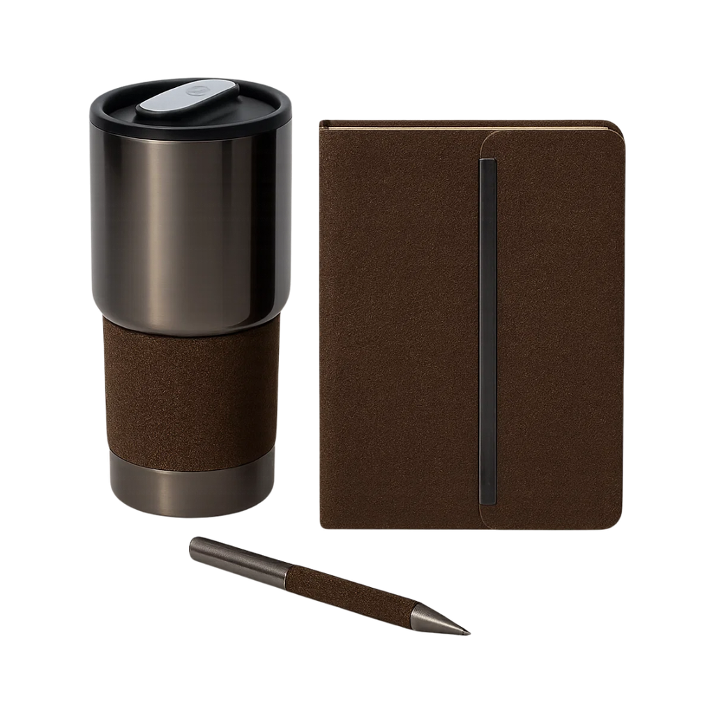 [P299088] Set ejecutivo, fibra de café, café, 8.5*29*32 cm, 3 pcs: libreta A5, lapicero y vaso