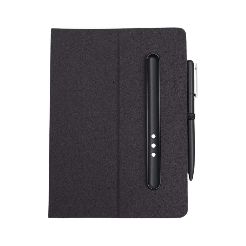 [P299099] Libreta, RPET, negro, A5, Magnum 80 hojas con lapicero magnético pasta doblable tipo posacelular