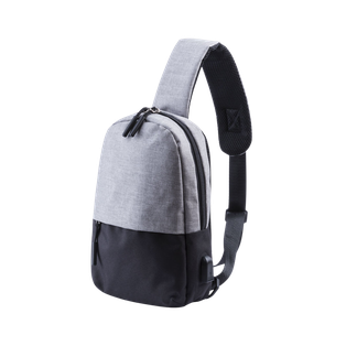Mochila cruzada, Poliéster 300D, con conexión USB para carga 20 x 29 x 6.5 cm, Gris