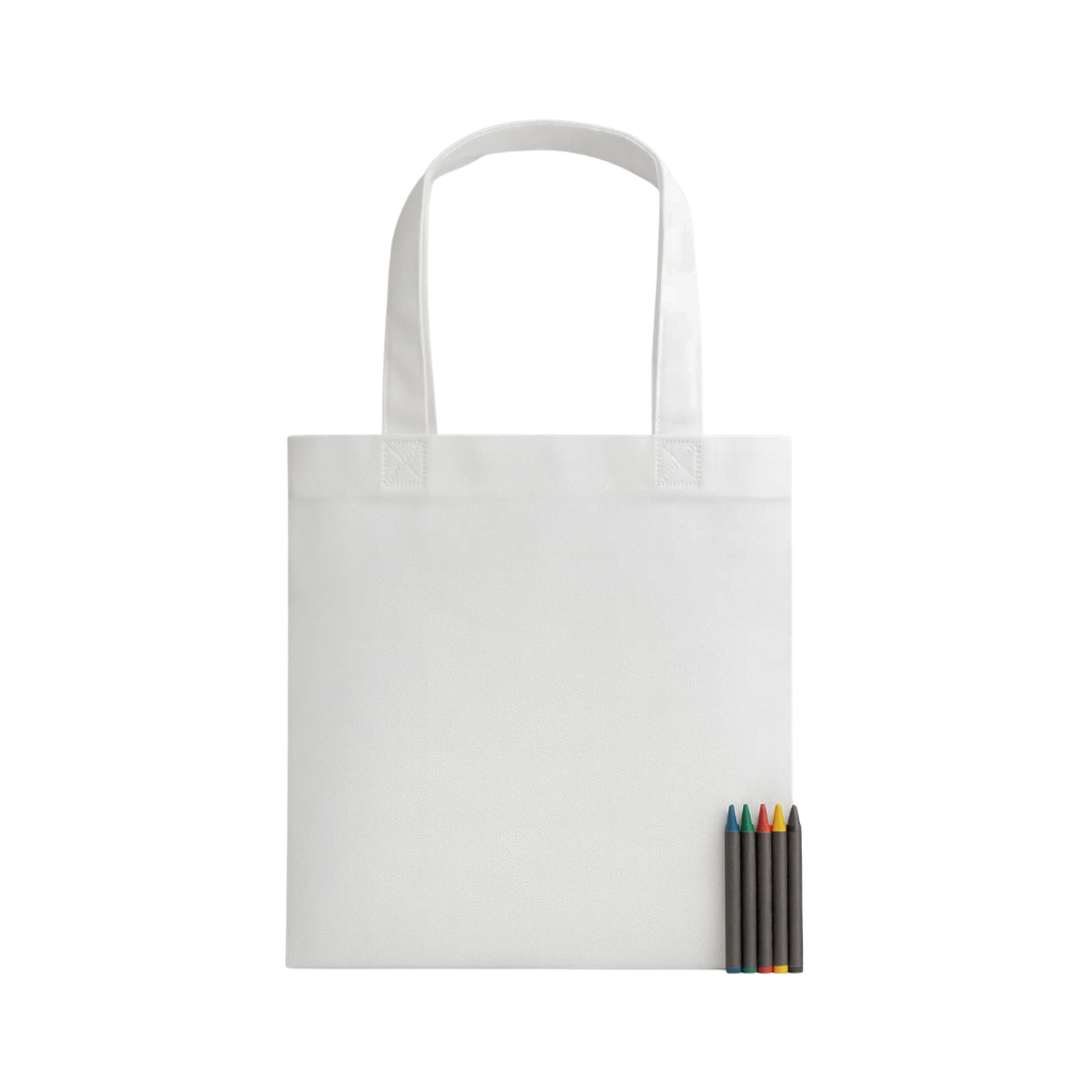 [E389508] Bolsa, Tela ecólogica, Blanco, 28*23*10, de fuelle y 5 crayones de cera